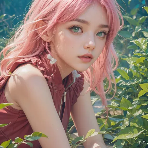 Pretty girl,( green eyes 3.2 ) pink hair, short hair, Water drops on leaves 