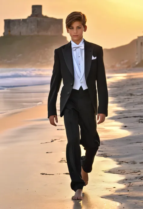 beautiful 15 year old boy in tuxedo, very detailed face, walking along beach barefoot, sunrise, ruined fort in background, photorealistic hdr best quality