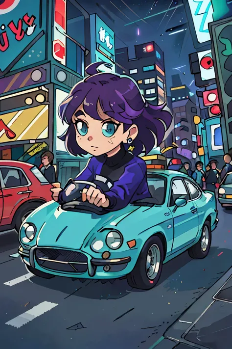 Sleek and stylish car, gleaming under the city lights, two-dimensional perspective in a vibrant, urban setting. The cars curves and edges are intricately detailed, capturing the essence of city pop art with its futuristic yet lofi vibe. The headlights pier...