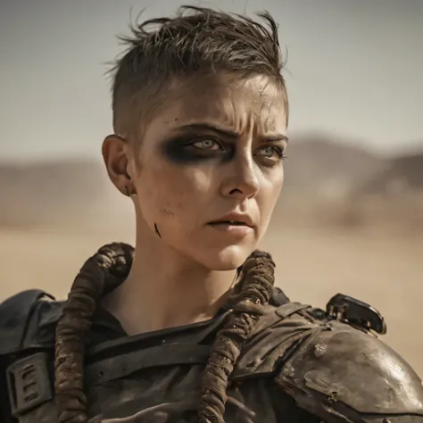 Furiosa,Mad Max,Mulher magra,short hair,rosto pintado,Meio preto,enormes olhos azuis,illustration,circunstanciado,rosto e olhos altamente detalhados,fundo do deserto,fierce expression,dystopians style,color grading:Contraste,low key lighting,Altas,arte con...