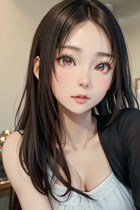 arafed asian woman with long brown hair and a black shirt, young adorable korean face, 8k selfie photograph, ulzzang, girl cute-fine-face, wan adorable korean face, with cute - fine - face, kawaii realistic portrait, cute natural anime face, lovely delicat...