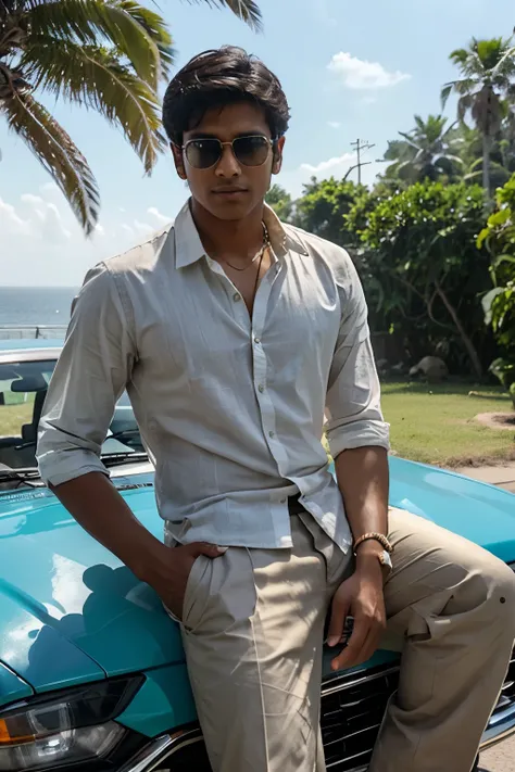 light brown 19-year-old Indian boy from Mumbai. no facial hair. wearing white shirt. casually. 1 button down. sleeves rolled up. wearing modern cool sun glasses. resting on a car.picture taken from a 5 metre distance. ocean in background.
