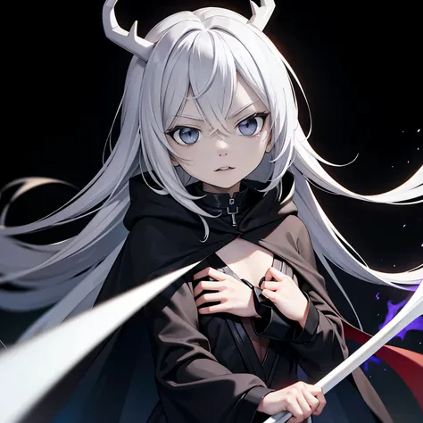 White aura, grey eyes, black hood, black cape, long sleeves, black panties, black sarashi, crazy, sharp stare, holding scythe, evil, short, black background, tight clothing, , glowing aura, glowing white, white effects, glowing white effects, gray hair, lo...