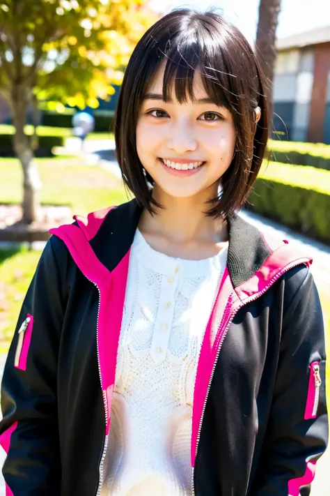 Jacket,,masterpiece, 4K, , smiling, standing, bob, bob cut, black hair, ,  japanese idol, cute face, 16-year-old, japanese, Fun Scene, sunlight, light colors,white background,in the classroom