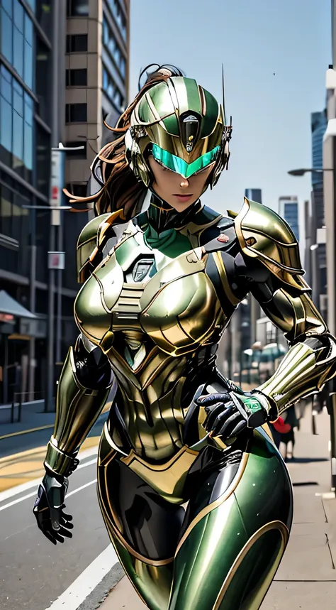 Female Robocop Solo、bright outdoors、strong light source、8K, high quality, masterpiece, 最high quality、very detailed、Armor that completely covers the whole body、very large armor、Helmet covering the head、clear pictures、The eyes are hidden by thin, straight go...