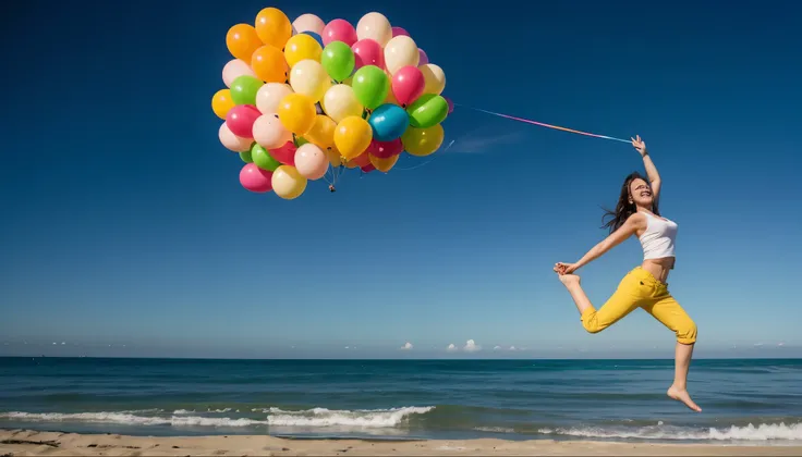 joyful girl jumping on the beach with colored baloons