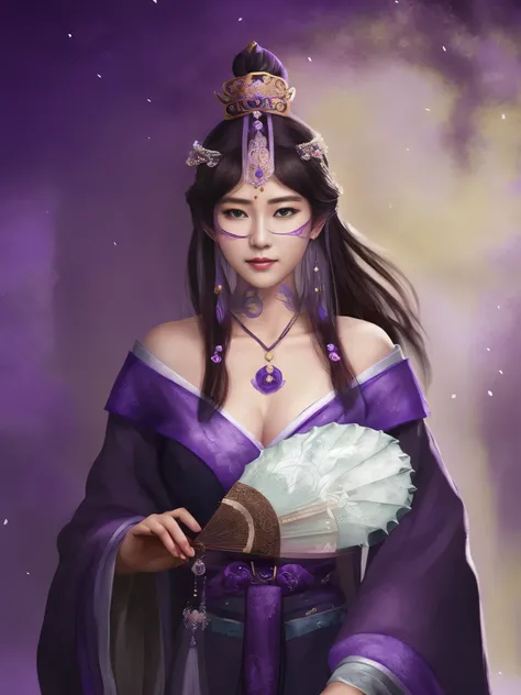 Arav woman in a purple dress holding a fan and a, beautiful fantasy queen, Beautiful character painting, Artwork in the style of Guweiz, author：Yang Jie, palace ， Girl wearing Hanfu, Inspired by trees, ((beautiful fantasy queen)), Inspired by Wu Bin, yun l...