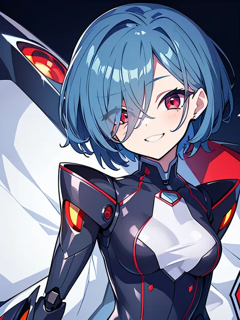 (highest quality、masterpiece:1.2) ((robot)) ((女のrobot1人)) blue hair、red eyes、short hair、elegant (coat) beautiful eyes、beautiful ...