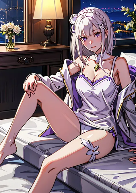 Point of view, 1girl,  Emilia re:zero, purple eyes, Emilia, crown braid, x hair ornament, flower hair ornament, white hair, long hair, medium breasts,, blush, light smile, glow, thighs, bare shoulders, collarbone, narrow waist, cleavage, (masterpiece),(ove...