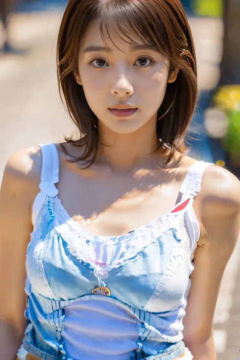 masterpiece, highest quality, Photorealistic, Very detailed, finely, High resolution, 8K Wallpaper, Professional, High level of detail, ((One 18 year old girl:1.2)), Slender Japanese women,cute lips, Detailed clavicle, Mid-chest、Perfect Face, (Cute short h...