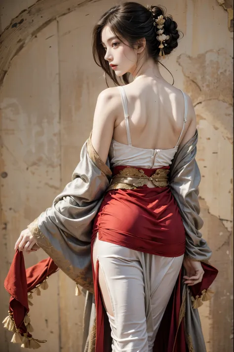 ancient buildings of chitional style beauty，silver thread texture,linen texture,dressed revealingly(red color hanfu)， clothing m...