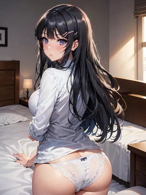 masterpiece, highest quality, hd, 4k, Ultra-high resolution, Extreme Detail, Very detailed, (One girl), maisakurajima, Mai Sakurajima, Long Hair, bangs, (Black Hair:1.5), hair ornaments, (Purple eyes:1.1), Hair Clip, Sexy panties, Full Body Shot, (Bedroom)...