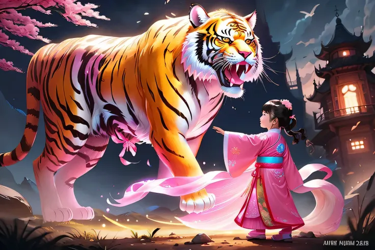 In the fields，A 3-year-old girl stands next to a tiger, Chinese Fantasy, Wizard fights tiger, A beautiful artistic illustration, Sacred Tiger, Fantasy art style, Stunning digital illustrations, Anime Fantasy Illustration, Detailed painting 4k, Beautiful di...