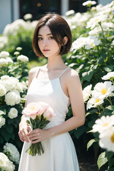 Short hair white girl in flowers