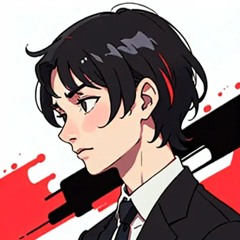 1 man, short black hair, boys short hair,suit, black-white-red color.half body photo,