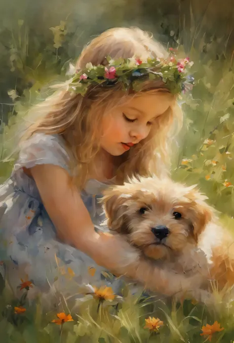  a little nice girl, Half side，Sitting on the grass，Wearing a beautiful wreath，Playing with puppies，Who can talk to animals?，pastels, Harry S., James Montgomery Flagg、Lois van Baarle、jim french 和 rossdraws, Detailed and realistic eyes,  fair