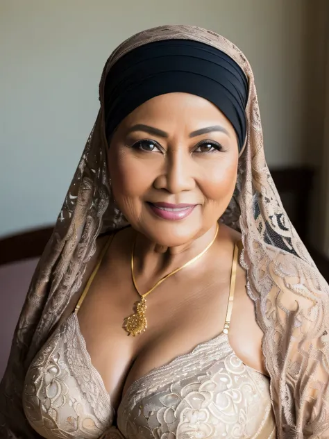 ((Realistic)) ((masterpiece)) (hijab) 62 Years old, (beautiful Pinay woman face) , (high class fat lady) (curvy sexy body shape) (gorgeus eyes), wearing lace bra, perfect, natural large saggy breast : 96.9, (gorgeous eyes), Soft smile, golden necklace, Bre...