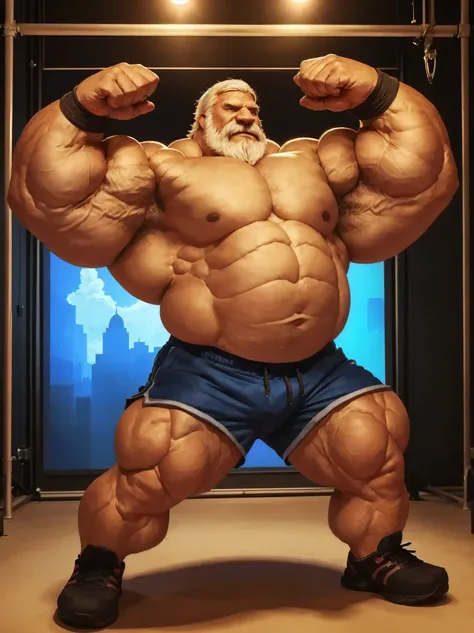 (best quality, 4k, highres, masterpiece:1.2), ultra-detailed, (realistic, photorealistic, photo-realistic:1.37), massive muscular, huge muscular, chubby old man, standing in photo studio, flexing pectoral muscle, shorts and shoes, white hair, wrinkled face...