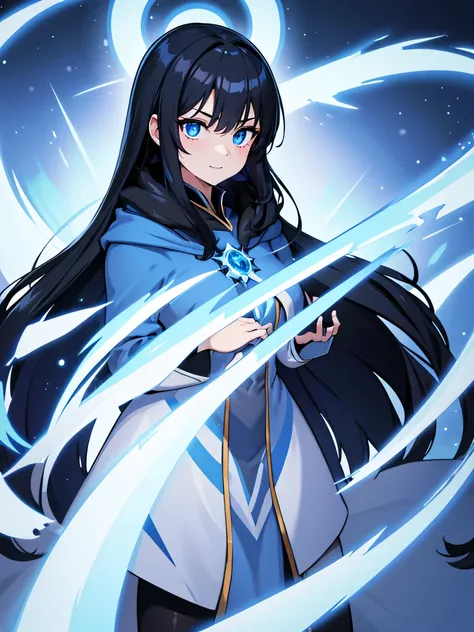 1girl, long black hair, blue eyes, wearing blizzard mage robes, winter background, frost magic, absurdres, high res, ultrasharp, 8K, masterpiece, looking at viewer, happy