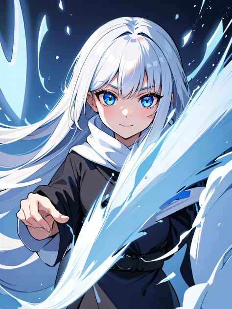 1girl, long black hair, blue eyes, wearing blizzard mage robes, winter background, frost magic, absurdres, high res, ultrasharp, 8K, masterpiece, looking at viewer, happy