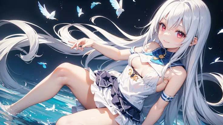 Very cute girl、(11 years old)、White Hair、Long Straight Hair、Bangs are too close to the eye、Light red eyes、(Normal human ear)、Thin arms、Beautiful body、Slim legs、Shapely breasts、Transparent white skin、smile、(T-Shirtini skirt、White and blue)、I can just make o...