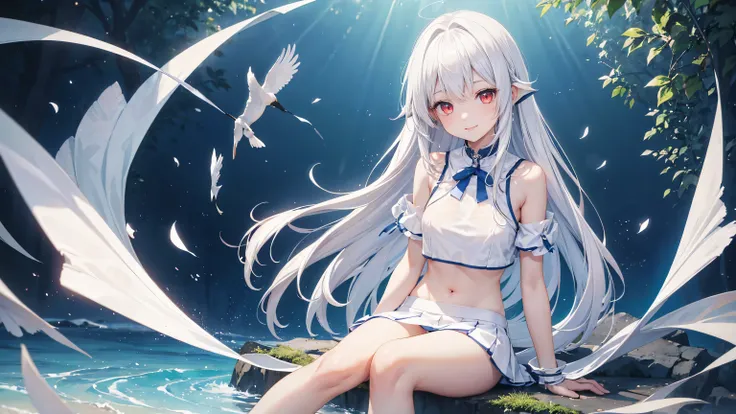 Very cute girl、(11 years old)、White Hair、Long Straight Hair、Bangs are too close to the eye、Light red eyes、(Normal human ear)、Thin arms、Beautiful body、Slim legs、Shapely breasts、Transparent white skin、smile、(T-Shirtini skirt、White and blue)、I can just make o...