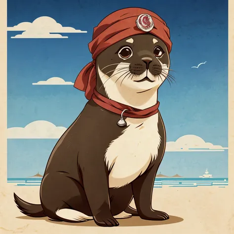 a cartoon seal with a bandana around its neck, concept art by Kishi Ganku, pixiv, shin hanga, ivan seal, shirabii, safebooru anime image, yuruyuri, the seal of fortune, official art, marin kitagawa fanart, awwwww, shuushuu anime image, gelbooru anime image...