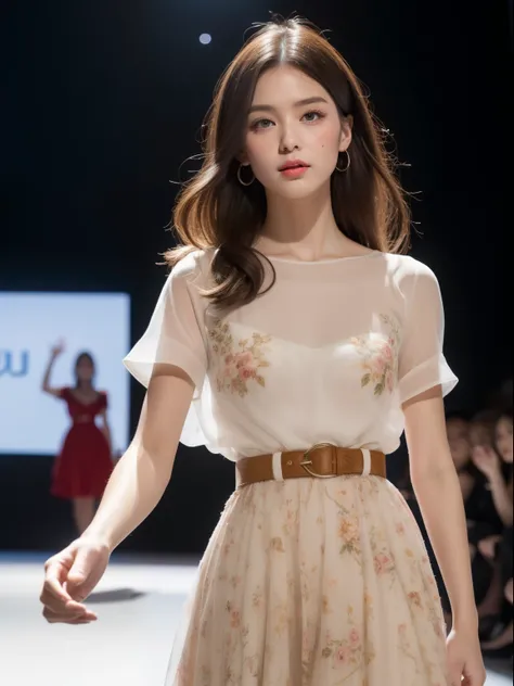 (Best quality, 8k, 32k, Masterpiece, UHD:1.2),Photo of Pretty Italian woman, 1girl, (medium-long dark brown hair), double eyelid, fashion model, beautiful legs, contemporary cut，floral midi dress, short sleeves, stand tall, runway, huge stage, Paris Collec...