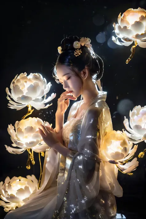 vibrant rim light, in a country full of magic, silhouette of a chinese girl illuminated, gorgeous and luxurious hanfu，as if radi...