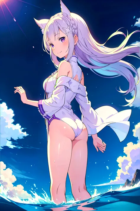 (Masterpiece), (Top Quality Anime Illustration), (Super Definition), One Girl, Solo,  Emilia re:zero, purple eyes, Emilia, crown braid, x hair ornament, flower hair ornament, white hair, long hair, medium breasts,Anime , Cat Ear , , Side Boob, Side Breasts...