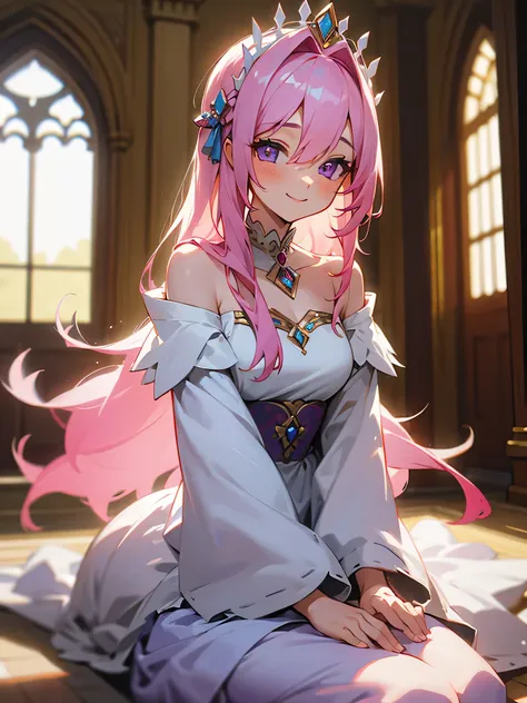 (masterpiece, best quality),1girl sitting in a palace,1girl, jewelry, smile, looking at viewer, palace interior, solo,pink hair, purple eyes, nobility, blush, long hair, white dress, off shoulder, hair between eyes, long sleeves, aristocrat, hands on lap