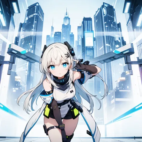 A girl character from CS2, Girls Frontline, Arknights in a cyberpunk style with a futuristic setting, showcasing her futuristic weapons and technology. The girl has beautiful detailed eyes, detailed lips, and an extremely detailed face with long eyelashes....