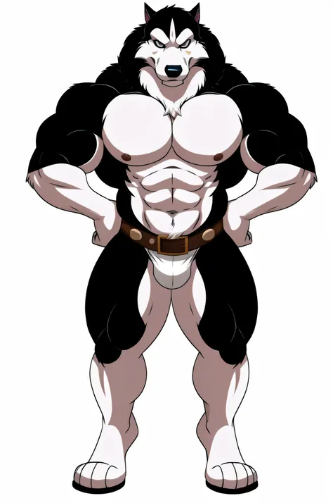 alaskan malamute, masculine, male, anthro, very muscular:1.5, tight muscles:1.2, well defined muscles:1.2, pectorals:1.5, muscular legs, muscular arms, wide chest, muscular chest, wfa style, detailed eyes, white background, proud, serious expression, full ...