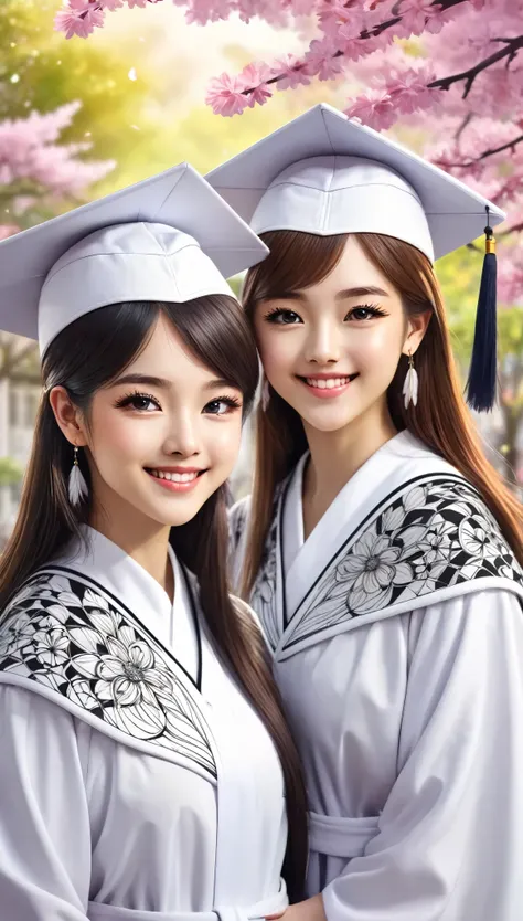 Degree uniform, Bachelor&#39;s robe, Mortar board, Square cap, University Campus, architecture, Cherry blossoms, Smile, 2 girls, Detailsed uniform, Look at the audience, (Sigma 85mm f1.4), Depth of Field, Bokeh,  Detailed photorealistic background, Scatter...