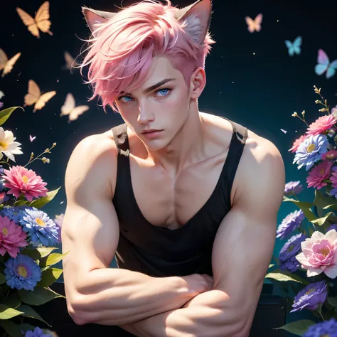 19 year old male,men,sexy men, sexy boy,sexy male,alone,pink hair,short hair,blue eyes,cat ears,tank top, sleeveless shirt,sexy ...