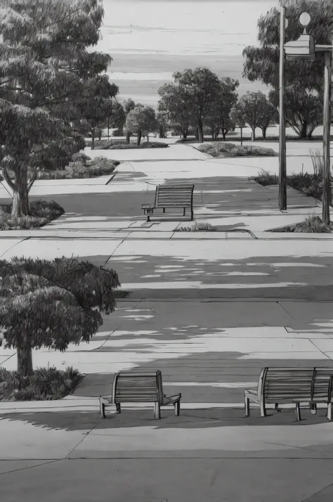 2 benches in a park, facing each other, sketch, sunset, orange park, simple pencil sketch