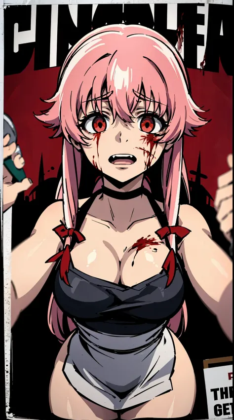 a horror movie poster of yuno gasai wearing an apron stained in blood and she as a sinister look and she has a crazed smile, the apron is stained in blood and her (large breasts:1.5) are exposed and shes also wearing black thigh highs and a black gothic ch...