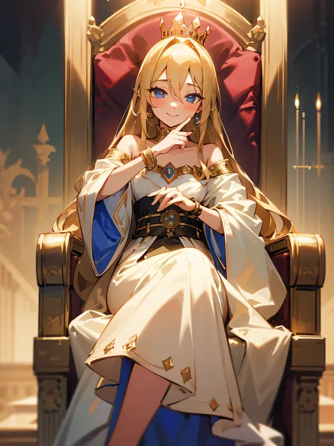 (masterpiece, best quality),1girl sitting in a throne ,1girl, jewelry, smile, crown, looking at viewer, palace interior, solo, blonde hair, blue eyes, nobility, blush, long hair, queen robes, off shoulder, hair between eyes, long sleeves, bracelet