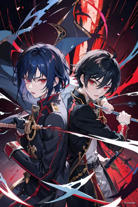 Anime boy fights with Vampire., shadow young wizard, Epic anime style, anime key artโดยละเอียด, Shadowverse style, Fantasy style anime, Demon Man, anime key art, conjunctivitis, black hair, chief&#39;uniform,Fencing,