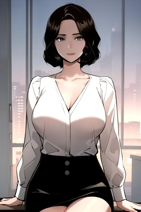 masterpiece, best quality, perfect anatomy, beautiful background, beautiful face, beautiful eyes, full body, shin jiye, 1girl, solo, smiling, sexy, short hair, large breasts, office lady, black hair, lying down on office table,wide hip, legs crossed, colla...