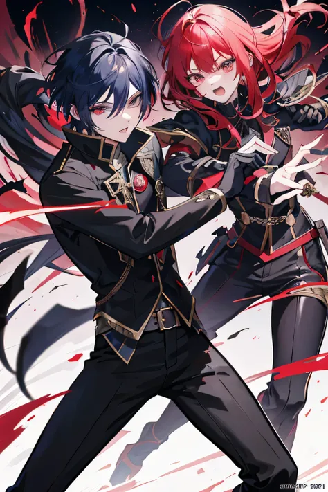 Anime boy fights with Vampire., shadow young wizard, Epic anime style, anime key artโดยละเอียด, Shadowverse style, Fantasy style anime, Demon Man, anime key art, conjunctivitis, black hair, chief&#39;uniform,Fencing, and a woman with red hair