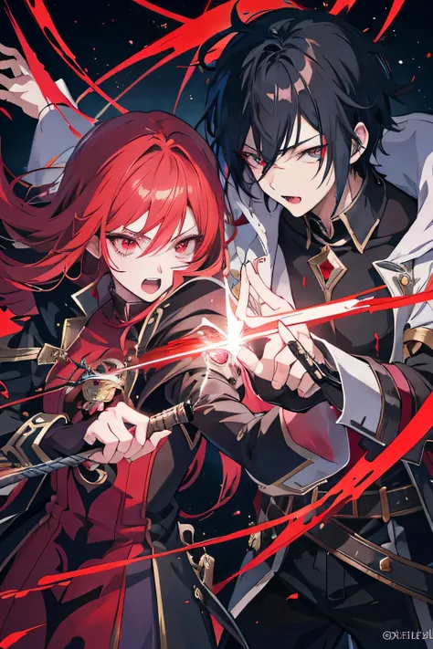 Anime boy fights with Vampire., shadow young wizard, Epic anime style, anime key artโดยละเอียด, Shadowverse style, Fantasy style anime, Demon Man, anime key art, conjunctivitis, black hair, chief&#39;uniform,Fencing, and a woman with red hair