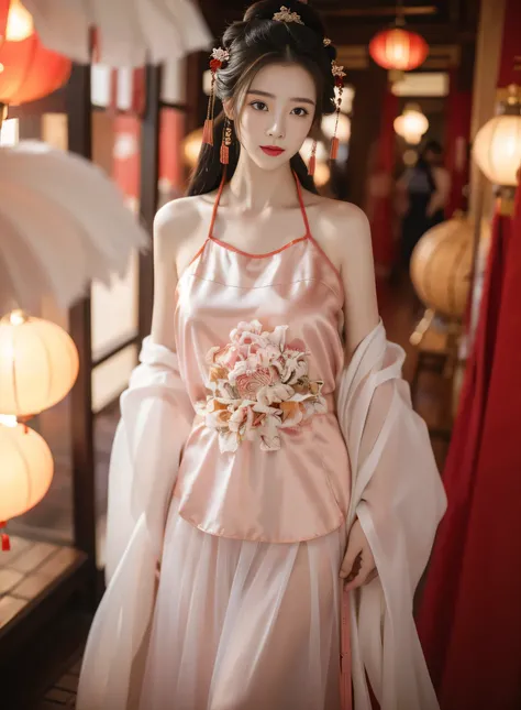1 girl,(best quality, masterpiece:1.2), Super detailed,Solo selfie,Off-shoulder dress,Chinese Princess, (Pink belly pocket) ( Hanfu:1.3, ),daytime,Vision,Background Bokeh