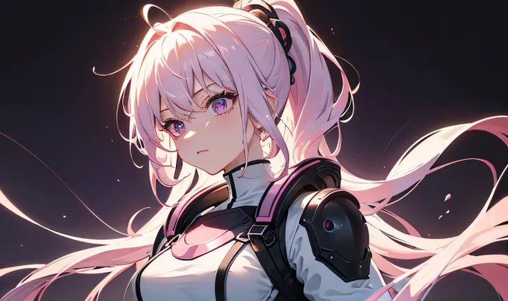 masterpiece, Best image quality, Extremely vivid, Anime girl with curly ponytail, digit,Pink functional coat, small, Blue-purple gradient thin-framed eyes, cyberpunk, white hair, Wearing pink suspenders, Sexy, upper body, breasts, Natural casual style, dyn...