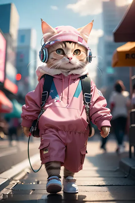 HDR,UHD,8K,Highly detailed,realistic,photo-realistic:1.37, best quality, masterpiece, maomi, light simile, pink, standing, solo, full body, toddler, wearing headphones, citypop