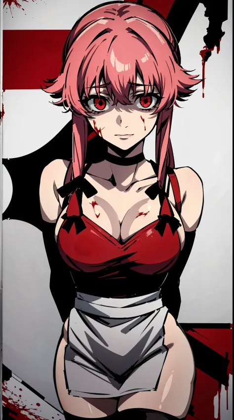 a horror movie poster of yuno gasai wearing an apron stained in blood and she as a sinister look and she has a crazed smile, the apron is stained in blood and her (large breasts:1.5) are exposed and shes also wearing black thigh highs and a black gothic ch...