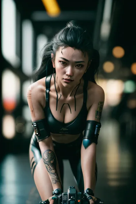 (masterpiece), (extremely intricate:1.3), (realistic), a girl, (cyberpunk), (dynamic perspective), dynamic angle, the most beautiful in the world, (crouch down), indoors, caferacer, Aomori, Haifa, smirk, port, professional photograph of a stunning woman de...