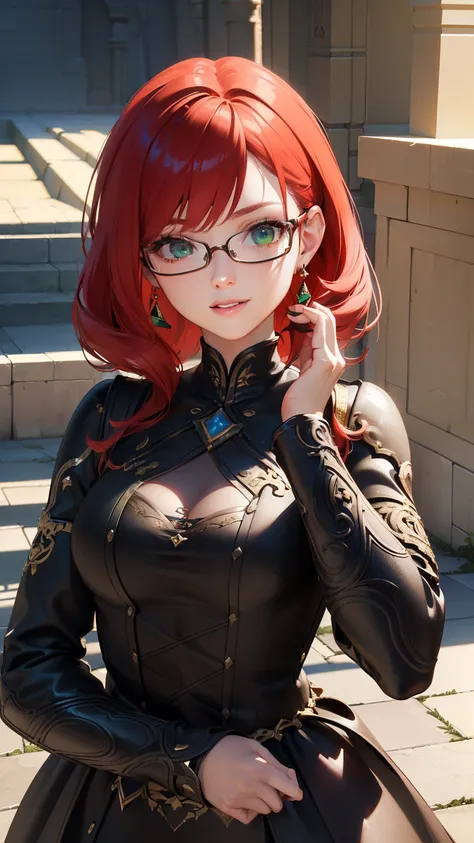 (masterpiece, top quality, Best quality, official art, beautiful and aesthetically pleasing:1.2), (1 girl, smile), Extremely detailed,colorful,The most detailed,Cute, Short, Red hair, green eyes, metal frame glasses. ((elegance. photorealism. Unreal engine...