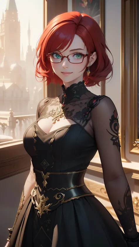 (masterpiece, top quality, Best quality, official art, beautiful and aesthetically pleasing:1.2), (1 girl, smile), Extremely detailed,colorful,The most detailed,Cute, Short, Red hair, green eyes, metal frame glasses. ((elegance. photorealism. Unreal engine...