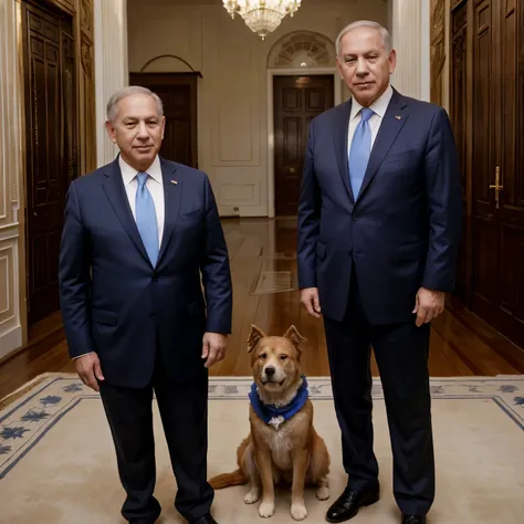 Israel president Netanyahu, standing in an idle pose, towers over a smaller Joe Biden with a contemptuous smirk gracing his chiseled features. His muscular frame, impeccably dressed in a tailored suit, is meticulously rendered in the highest quality of pho...